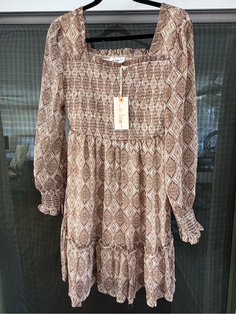 Smocked Square-Neck Long Sleeve Brown Patterned Dress - Boutique Style